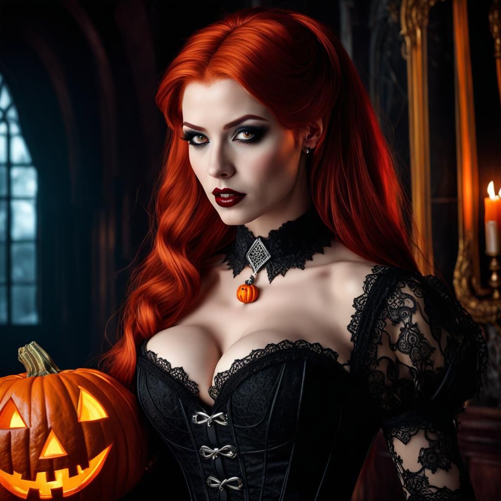 Redhead Vampire Portrait in Haunted House, Gothic Style