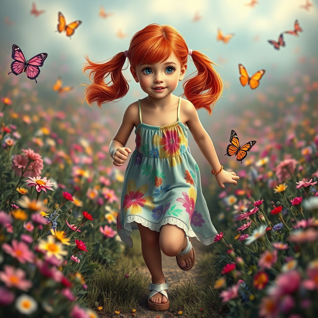 Girl with Butterfly Net in Flower Field, Digital Art