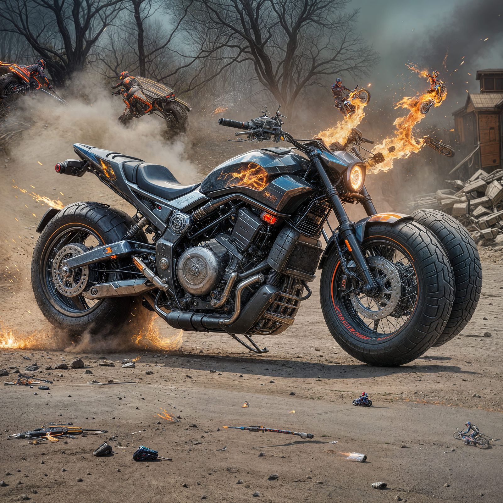 Futuristic Electric Motorcycle with Guns, Hyperrealistic Con...
