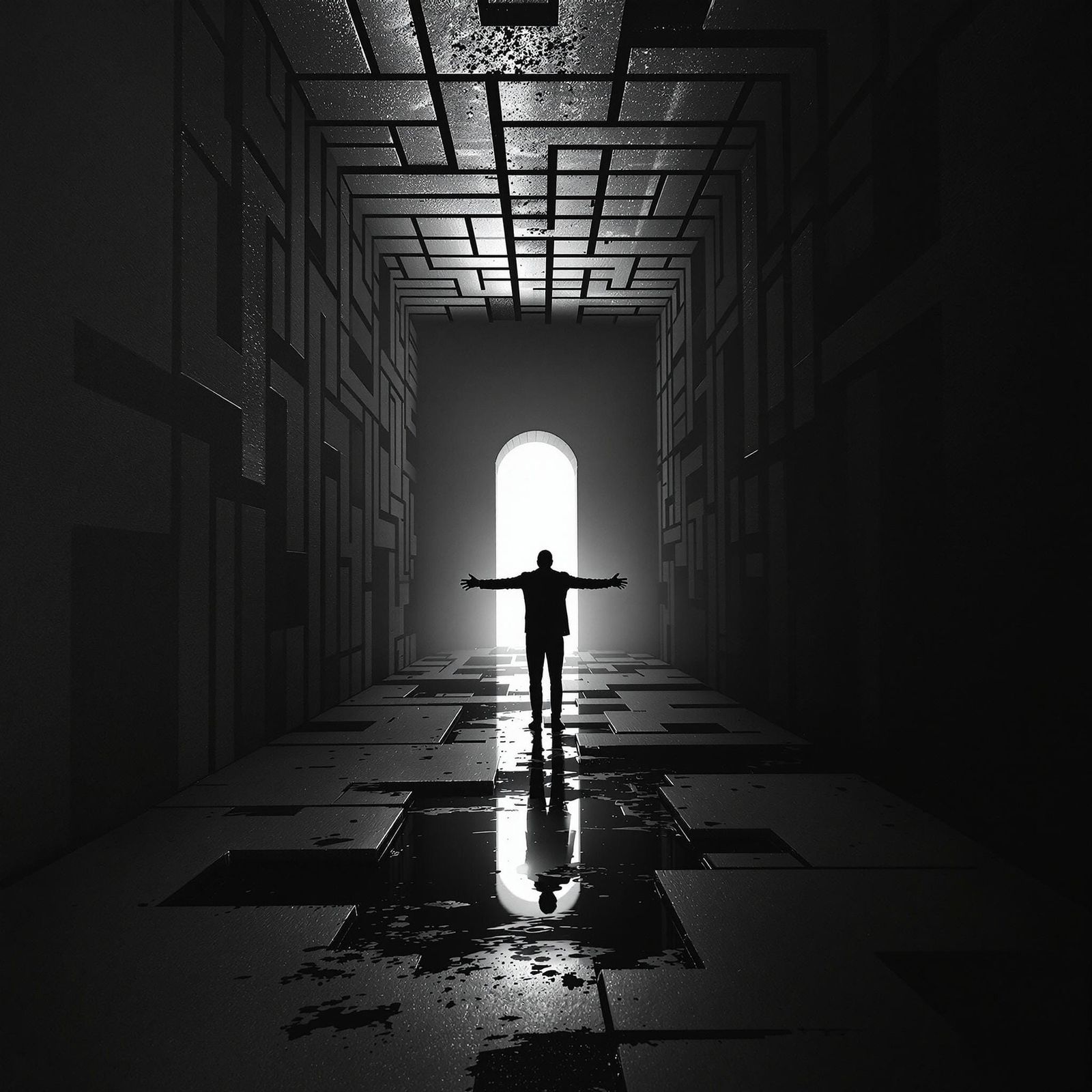 Mysterious Figure in Maze-Like Hallway