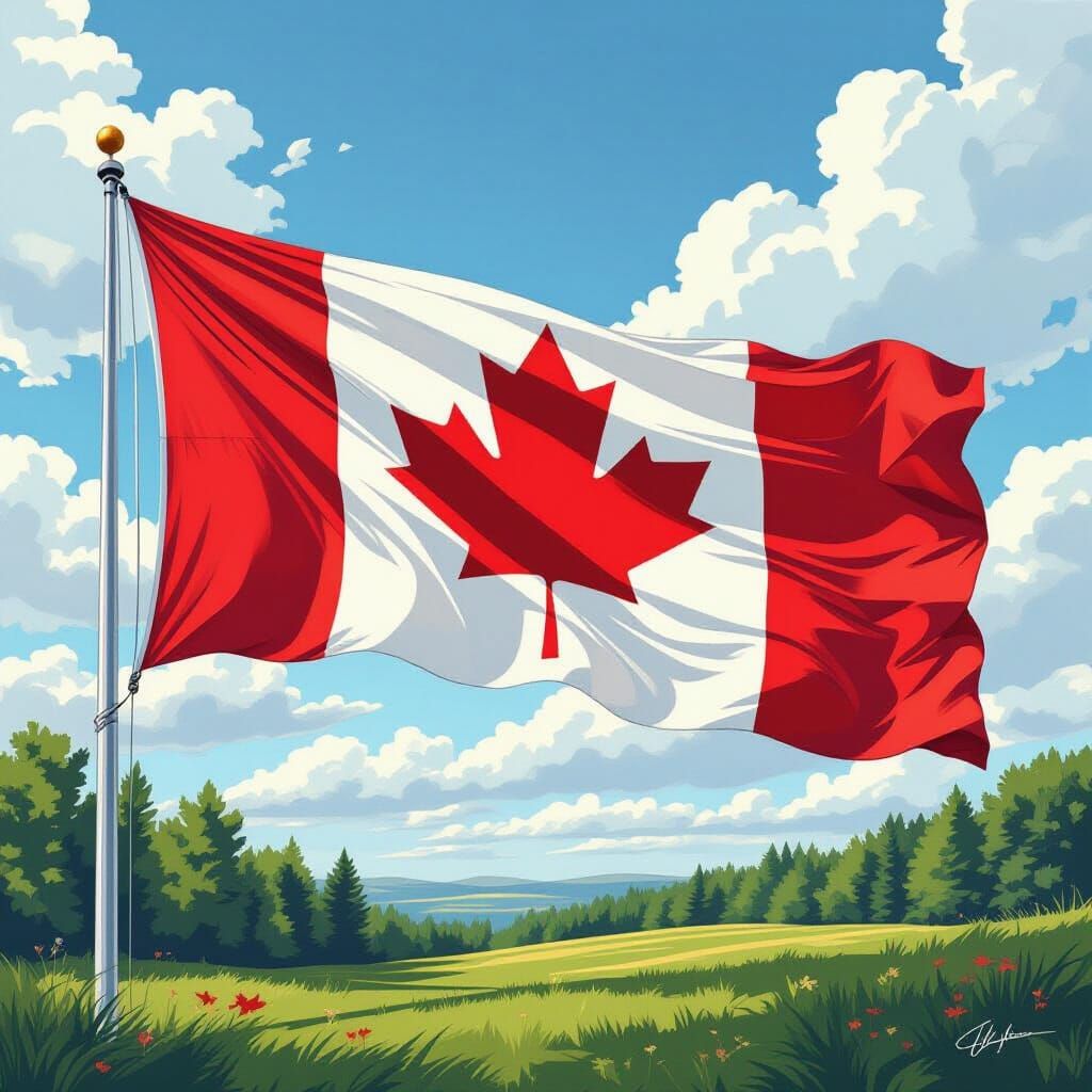 Canadian Flag Blowing in Wind, Comic Book Style
