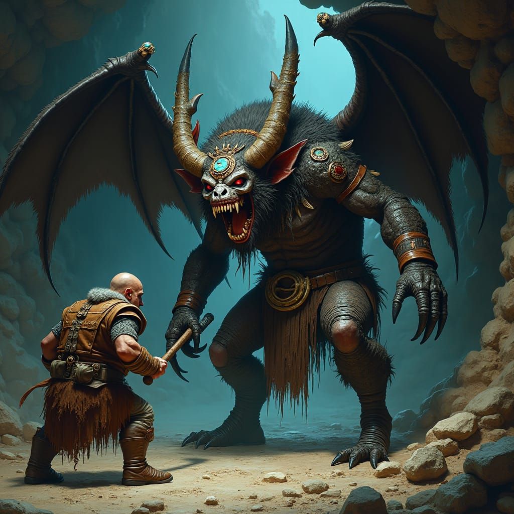 Nightmarish Werebat in Aztec Regalia Attacks Dwarf