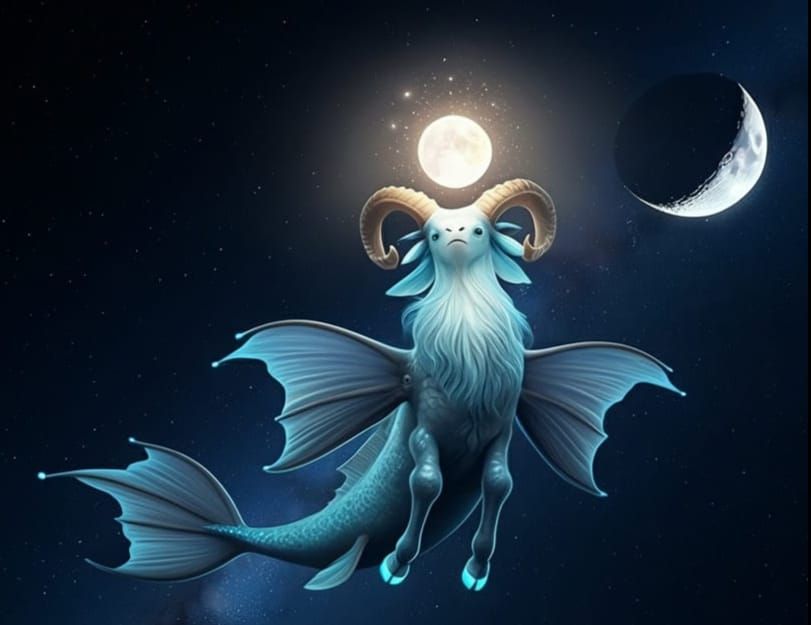 Surreal Fantasy Goat Whale Hybrid Ascends Under Waning Moon