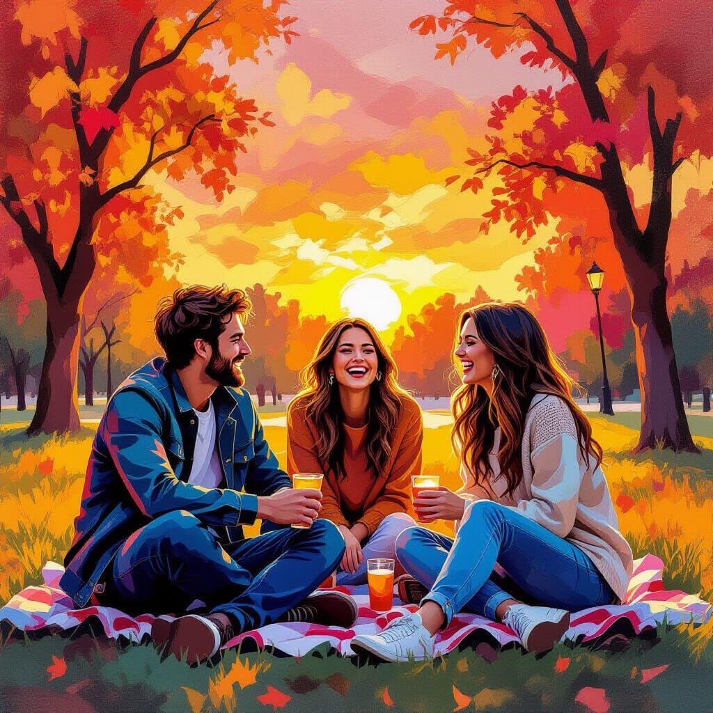 Friends Laughing at Sunset in Textured Gouache