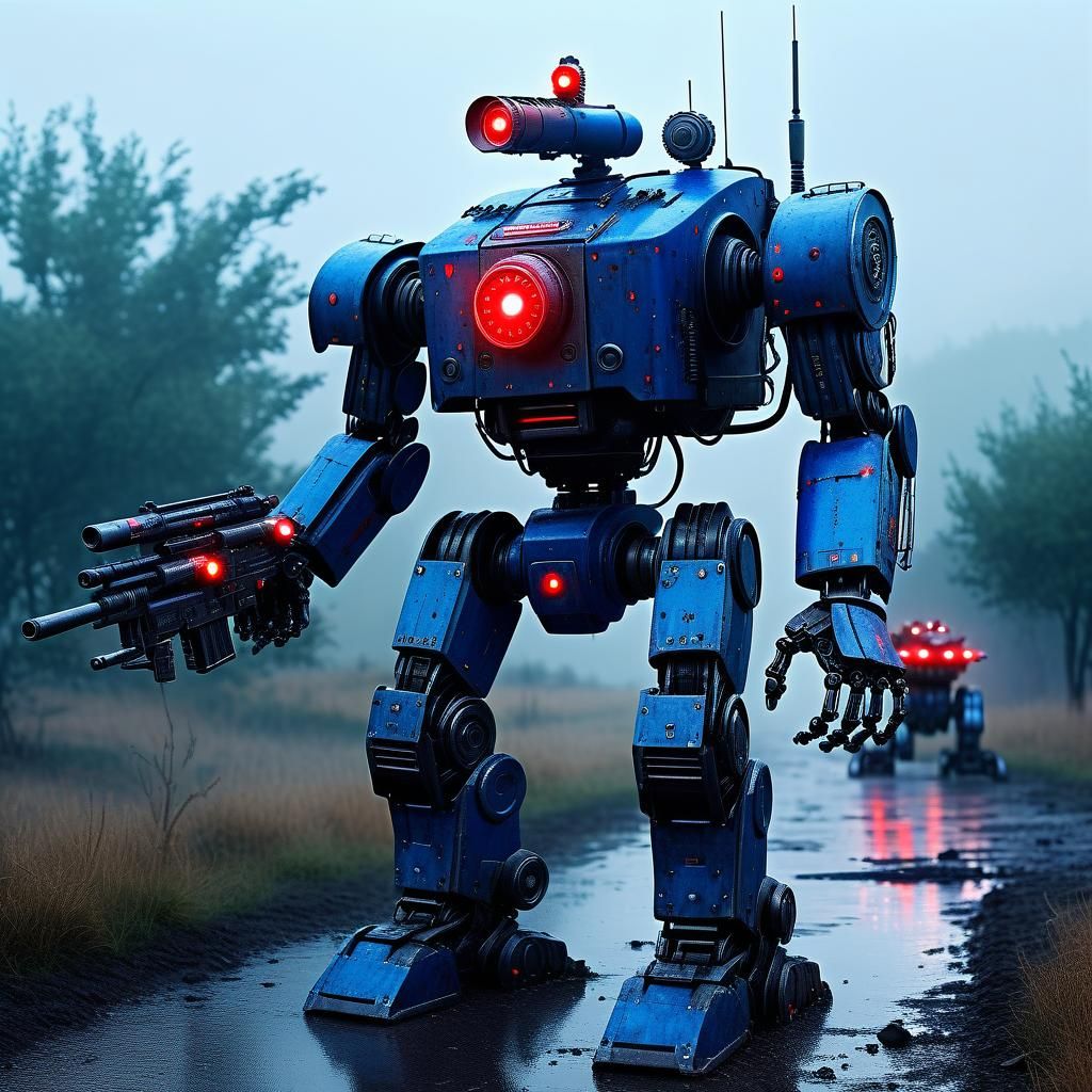 Xenomecha Police Robot in Post-Apocalyptic Landscape