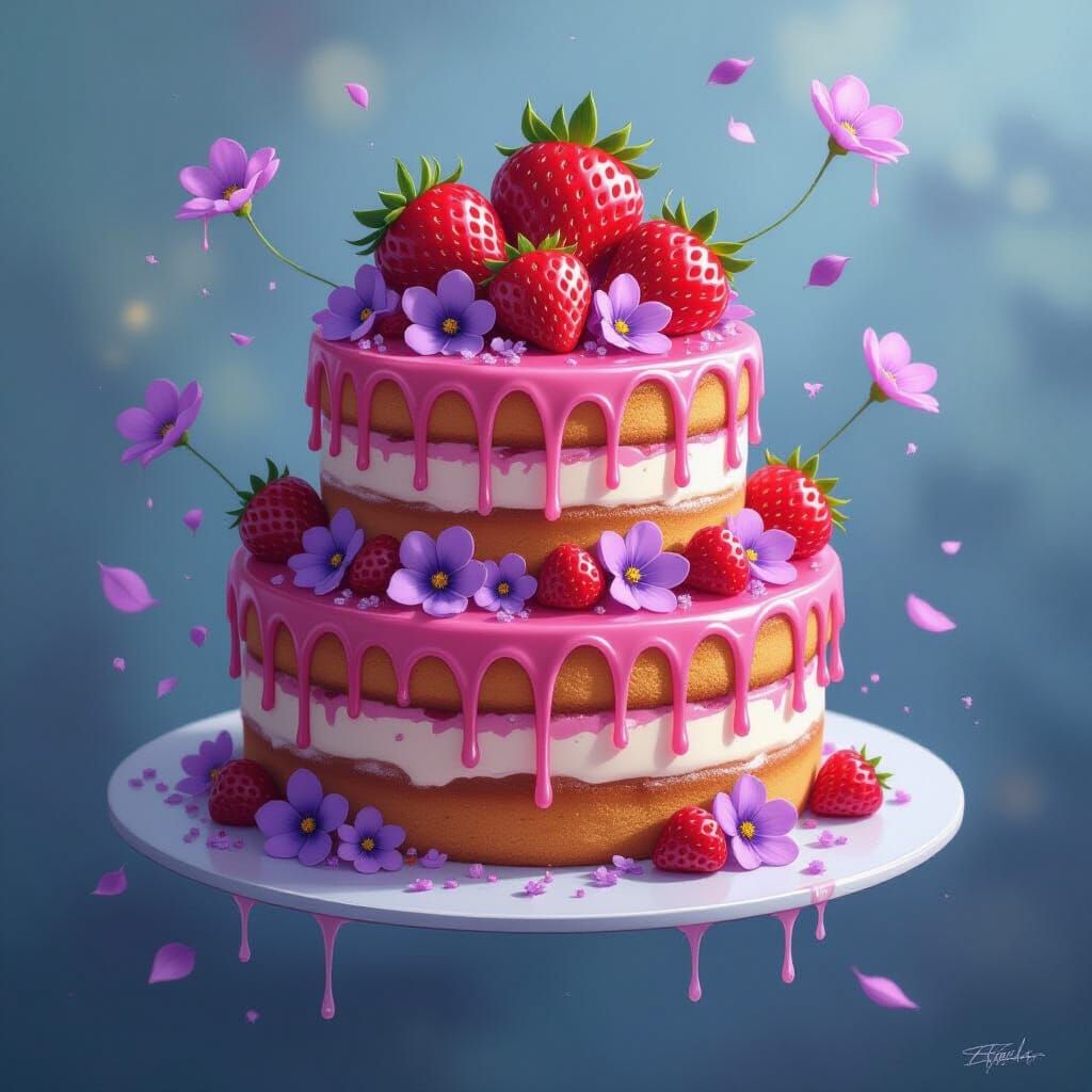Fantasy Strawberry Cake with Dripping Glaze as Acrylic Art