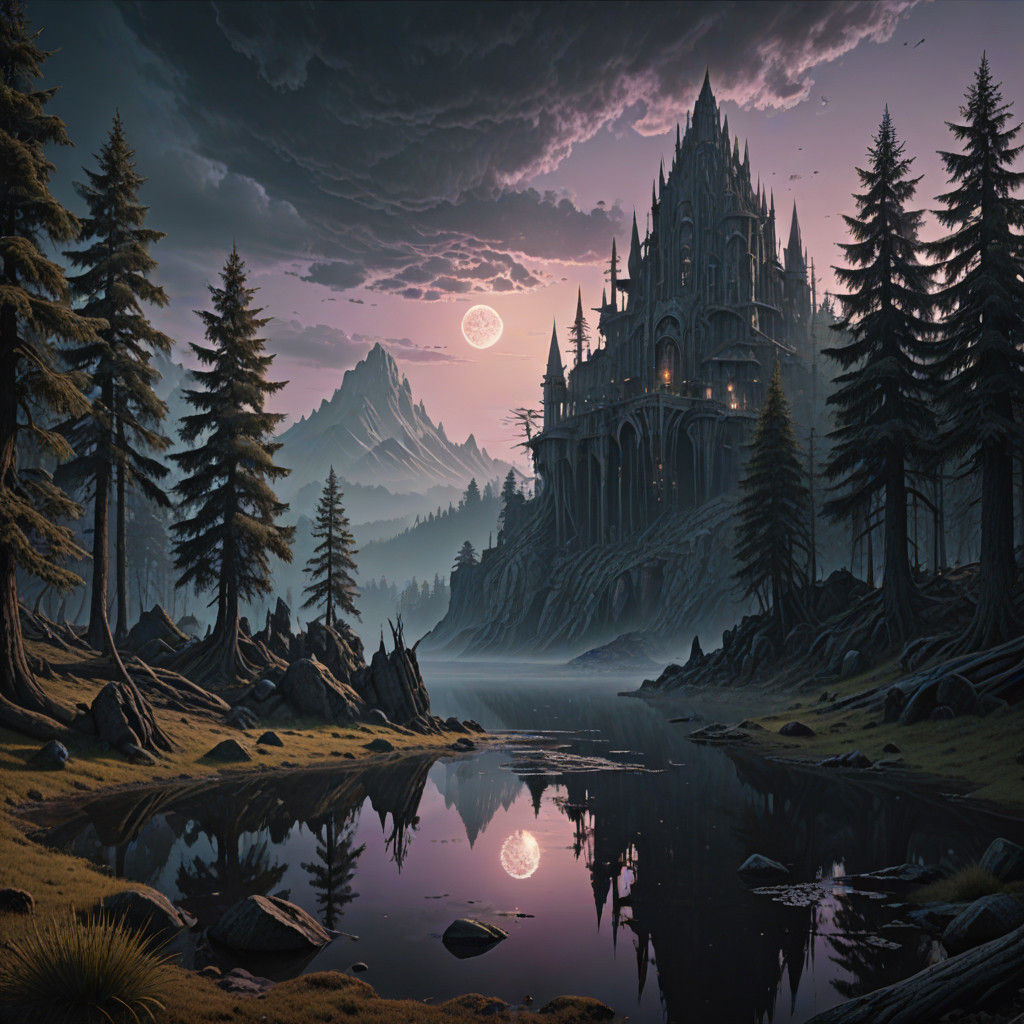 Gothic Twilight Lake Scene in Soft, Gradient Hues