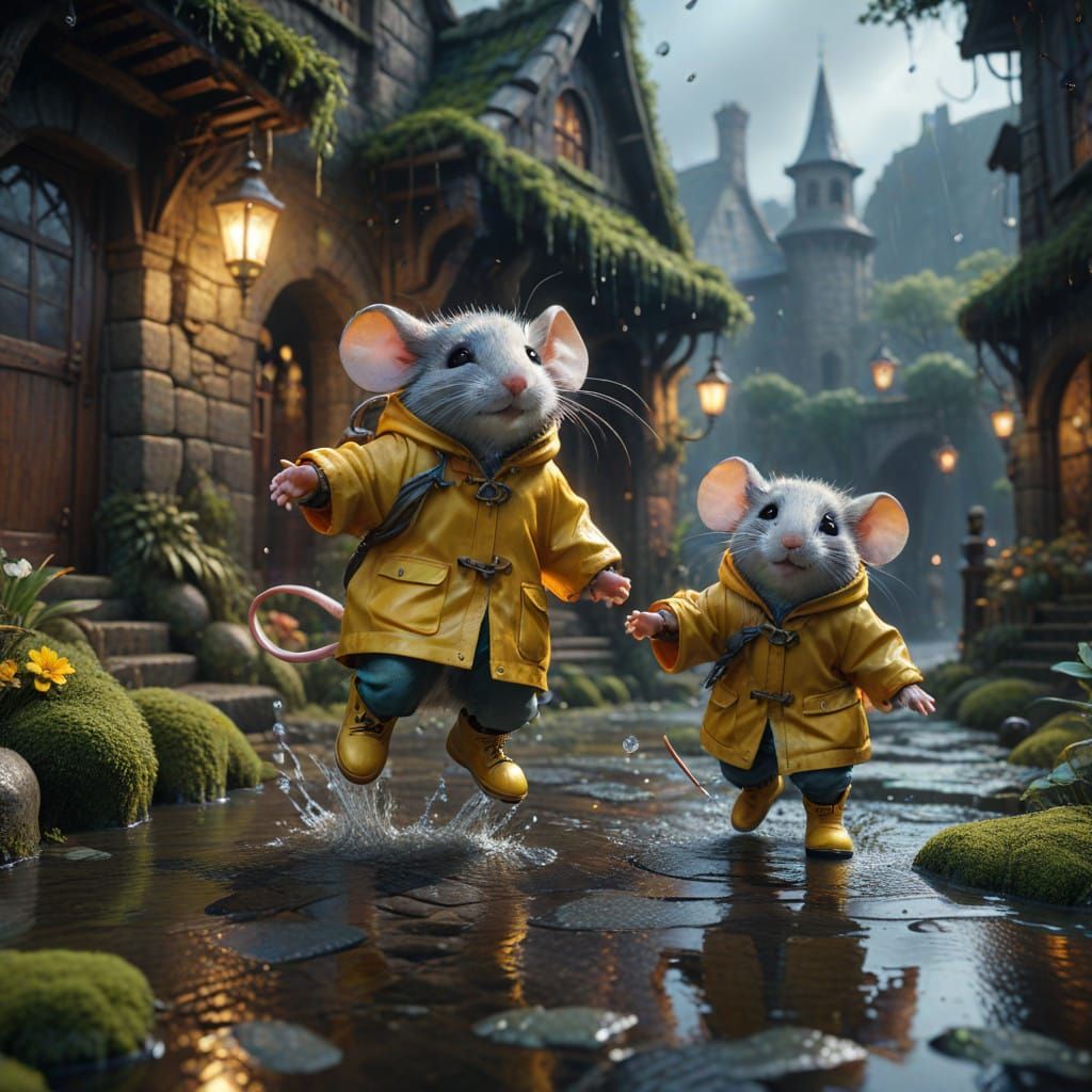 Mice in Whimsical Rainy Fantasy World