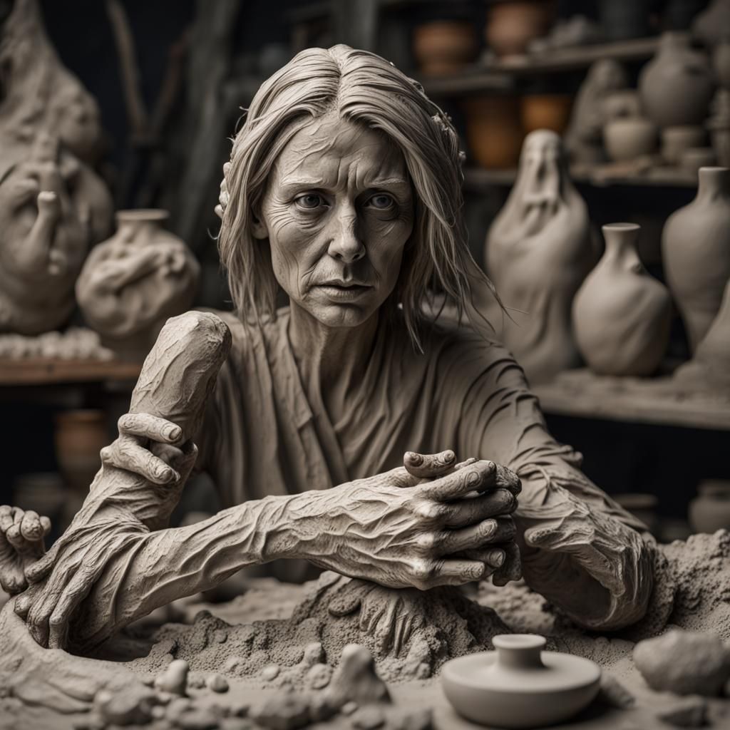 Captivating Clay Sculpture Formed by Hand, Detailed Portrait