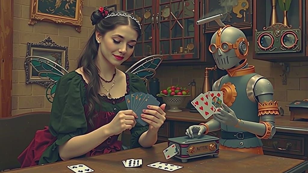 Victorian Fairy Plays Cards With Robot in Kitchen