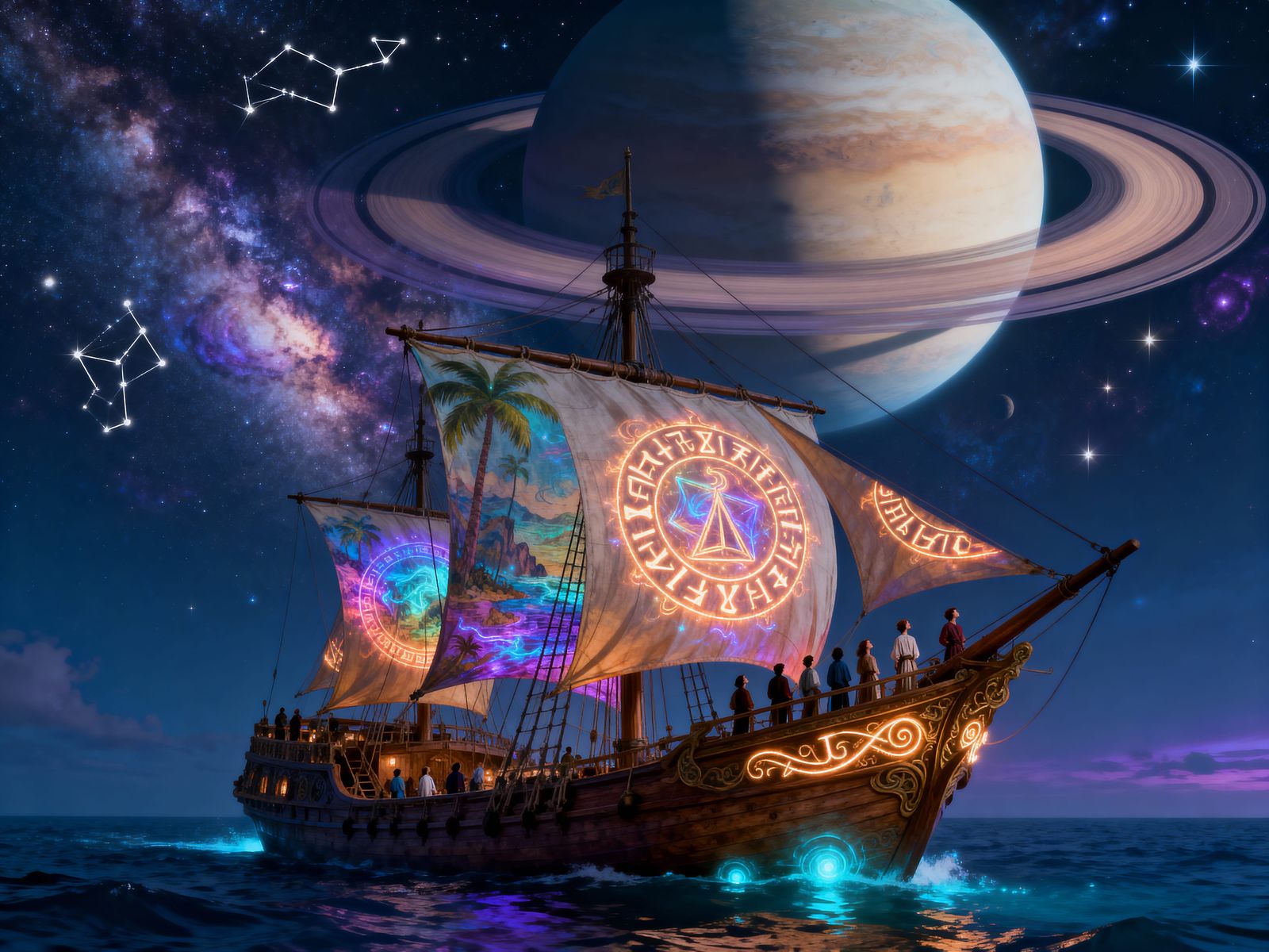 Grand Sailing Ship on Tranquil Sea Under Cosmic Sky