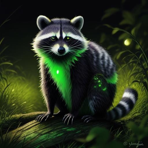 Glowing Green Raccoon at Night