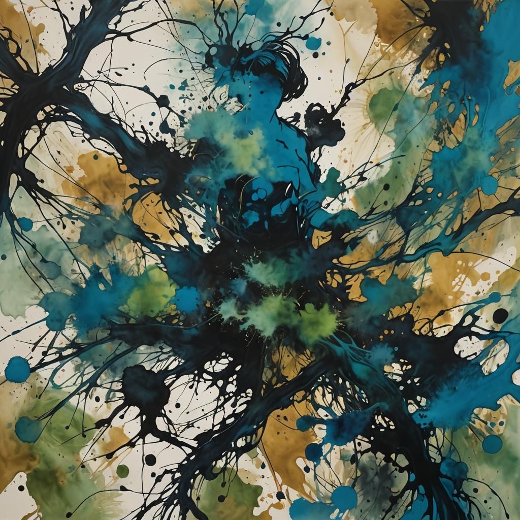 Meditative Shadow Being in Ink Splatter Art