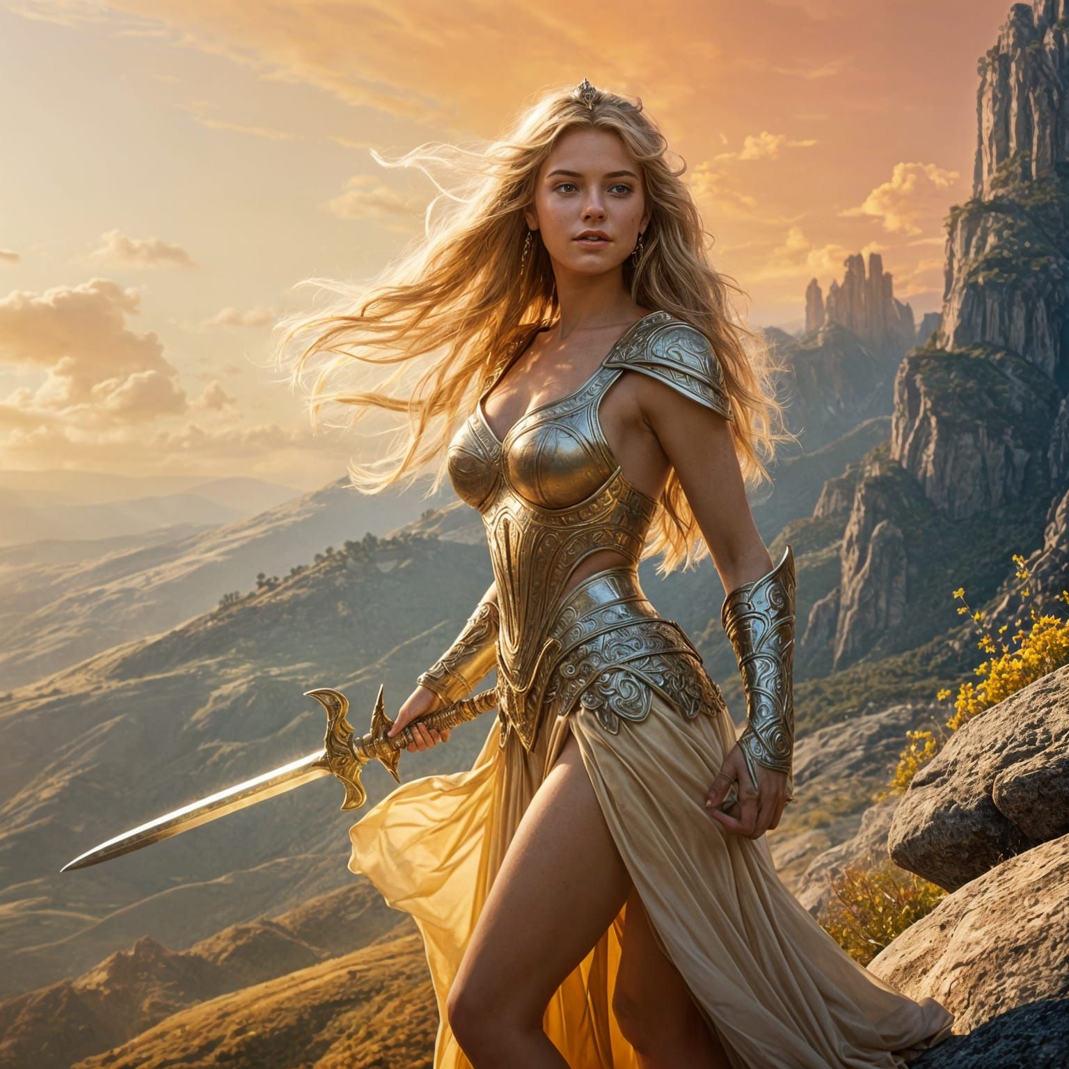 Radiant Princess with Sword in Fantasy Landscape