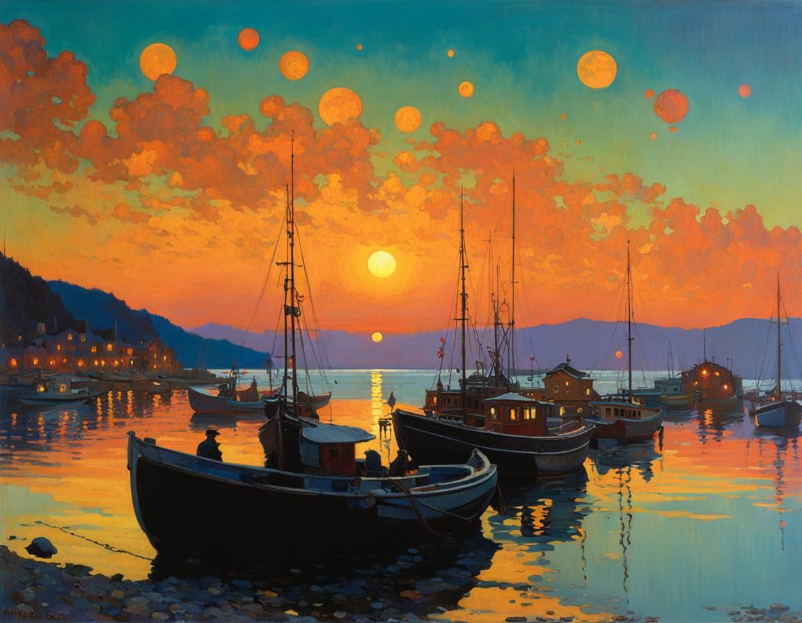 Fishing Boats at Dusk: Art Nouveau Illustration