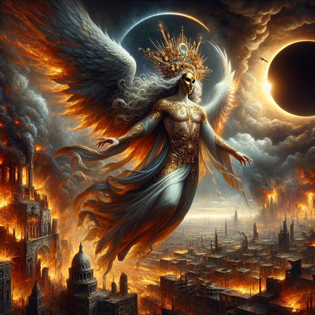 Apocalyptic Seraph Oversees Burning City, Digital Matte Pain...