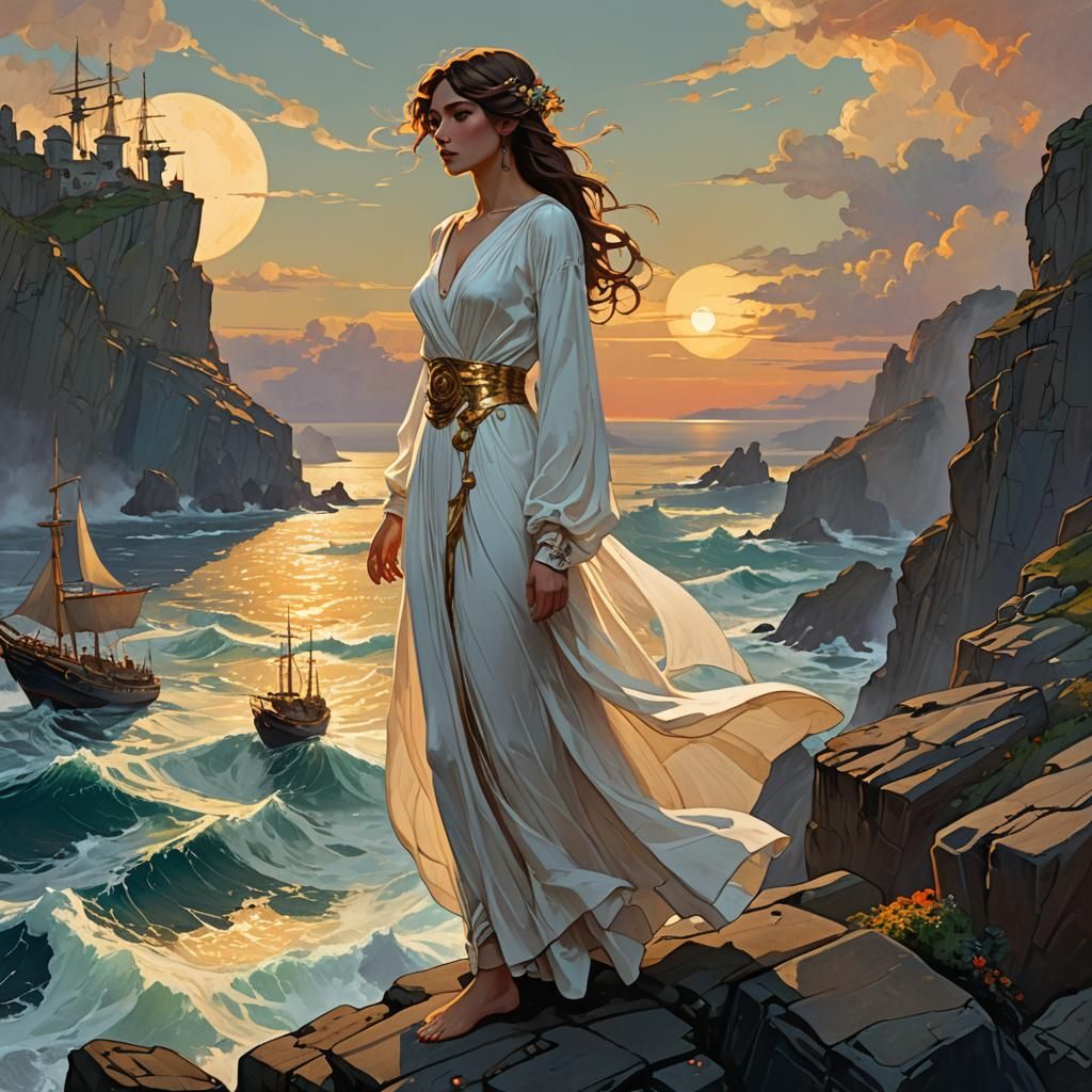 Woman on Cliffside Watching Ship, Art Nouveau Style