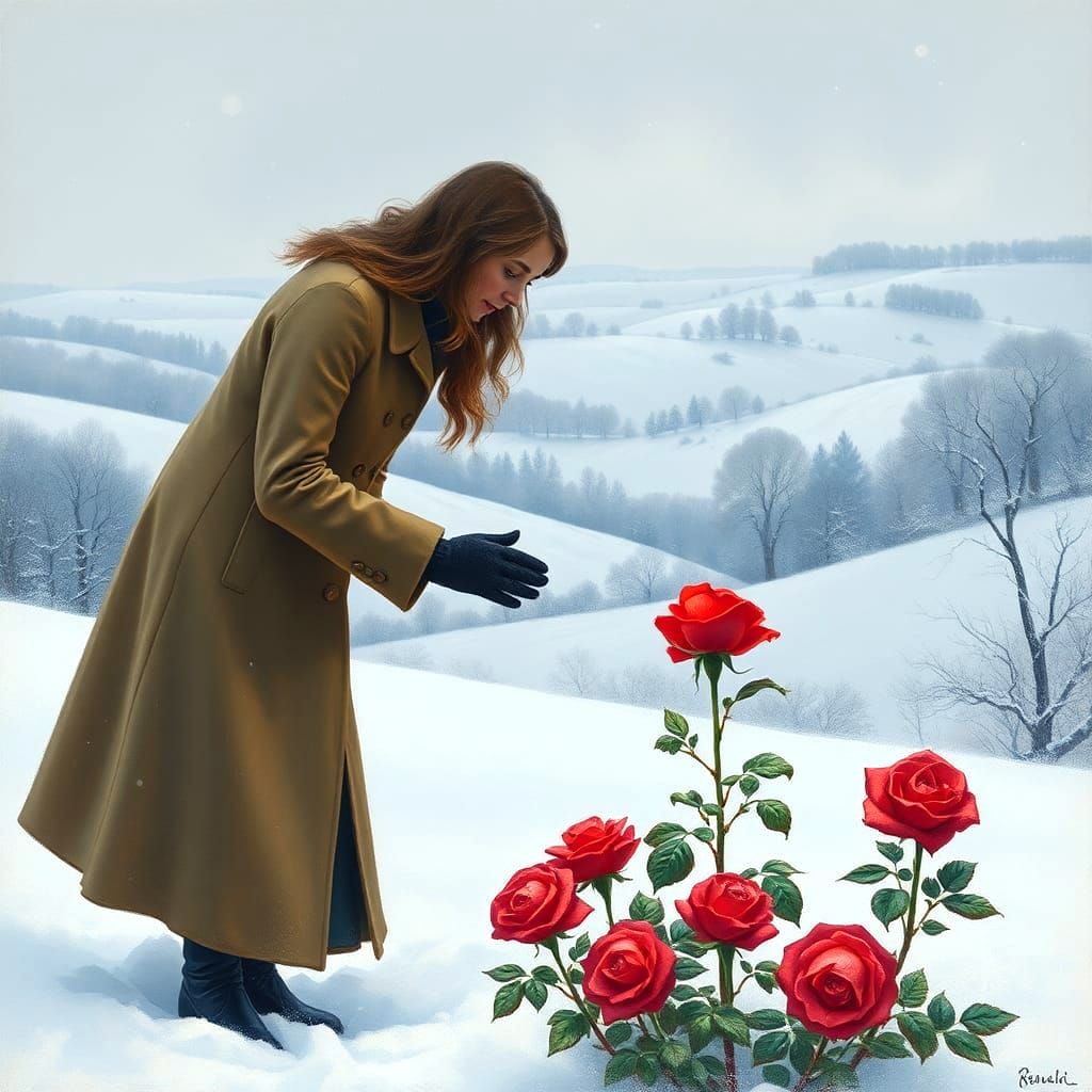 Red Roses Blooming Through Winter Snow