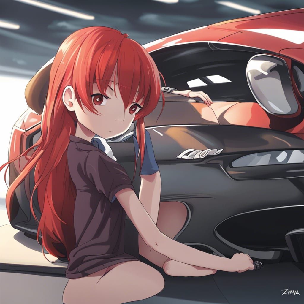 Red-Haired Girl Fixing a Supercar in Anime Style