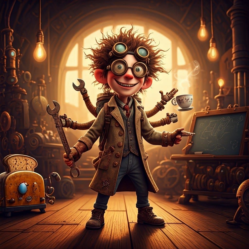 Inventor in Steampunk Lab with Mechanical Appendage