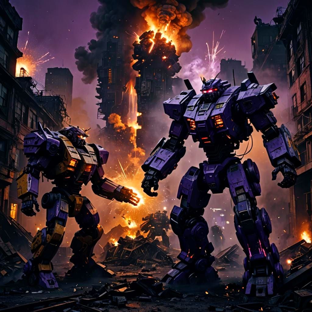 Epic Mechs in High-Contrast Cinematic Battle