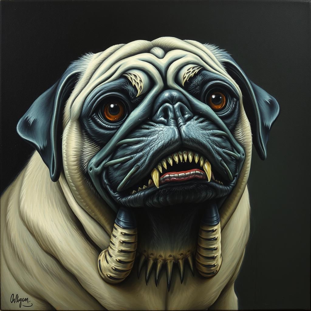 Pug in Giger Style Horror Painting