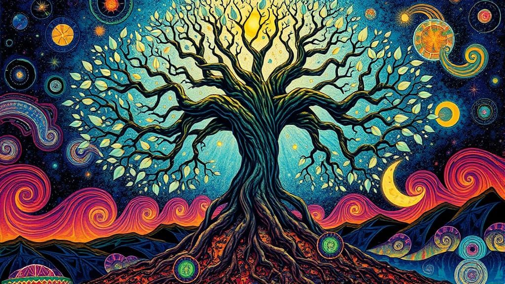 Majestic World Tree in Vibrant, Surreal Landscapes