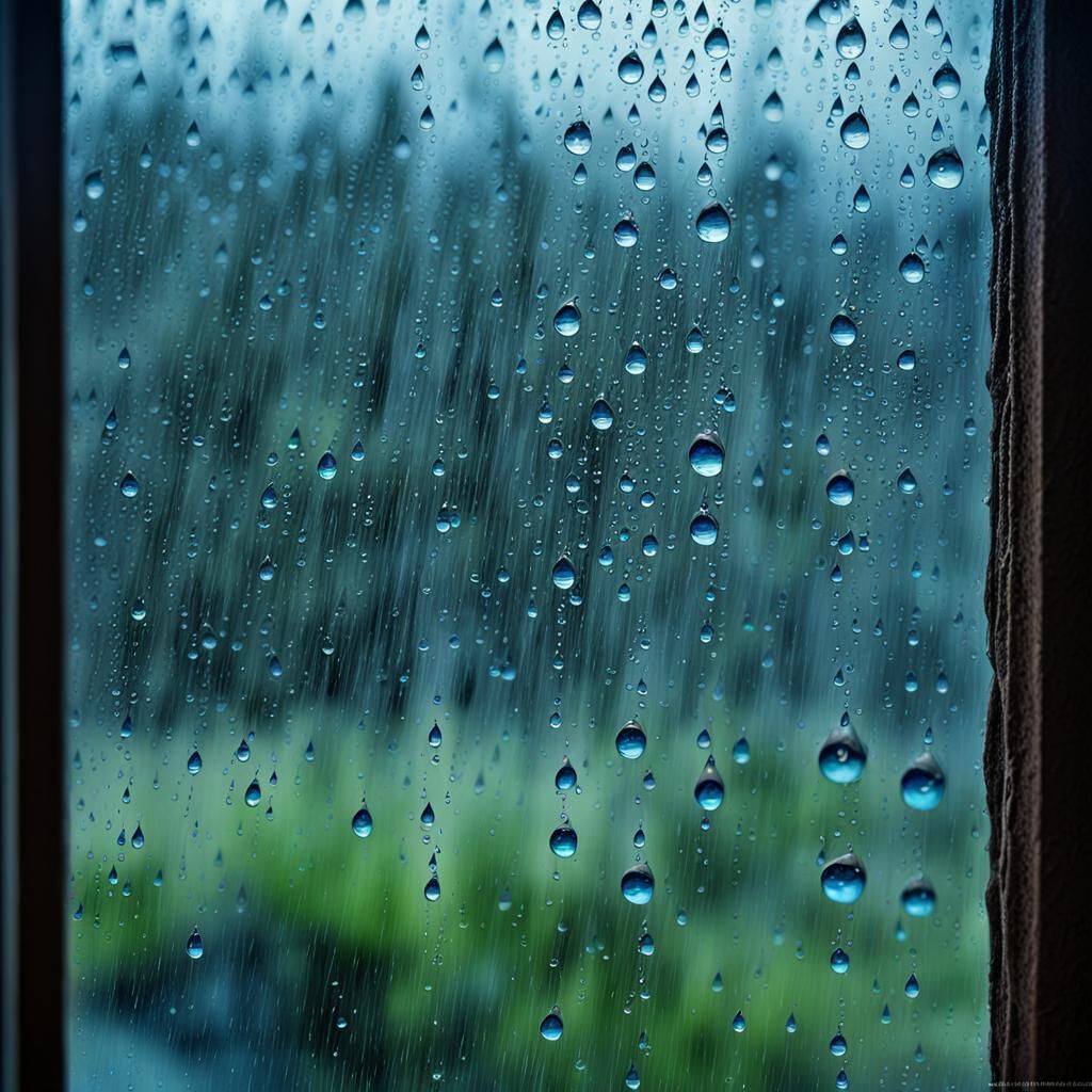 Hyperrealistic Blue Rain Drops on Window