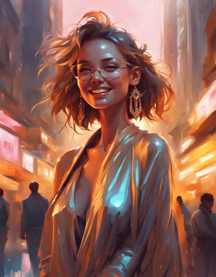 Happy Woman in Solarpunk Style Illustration