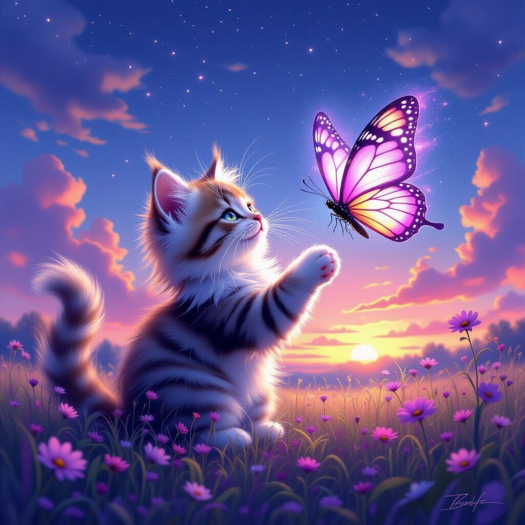 Colossal Kitten Chasing Butterfly in Cosmic Meadow