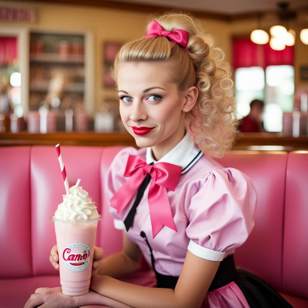Teenager Drinks Milkshake in Soda Shop