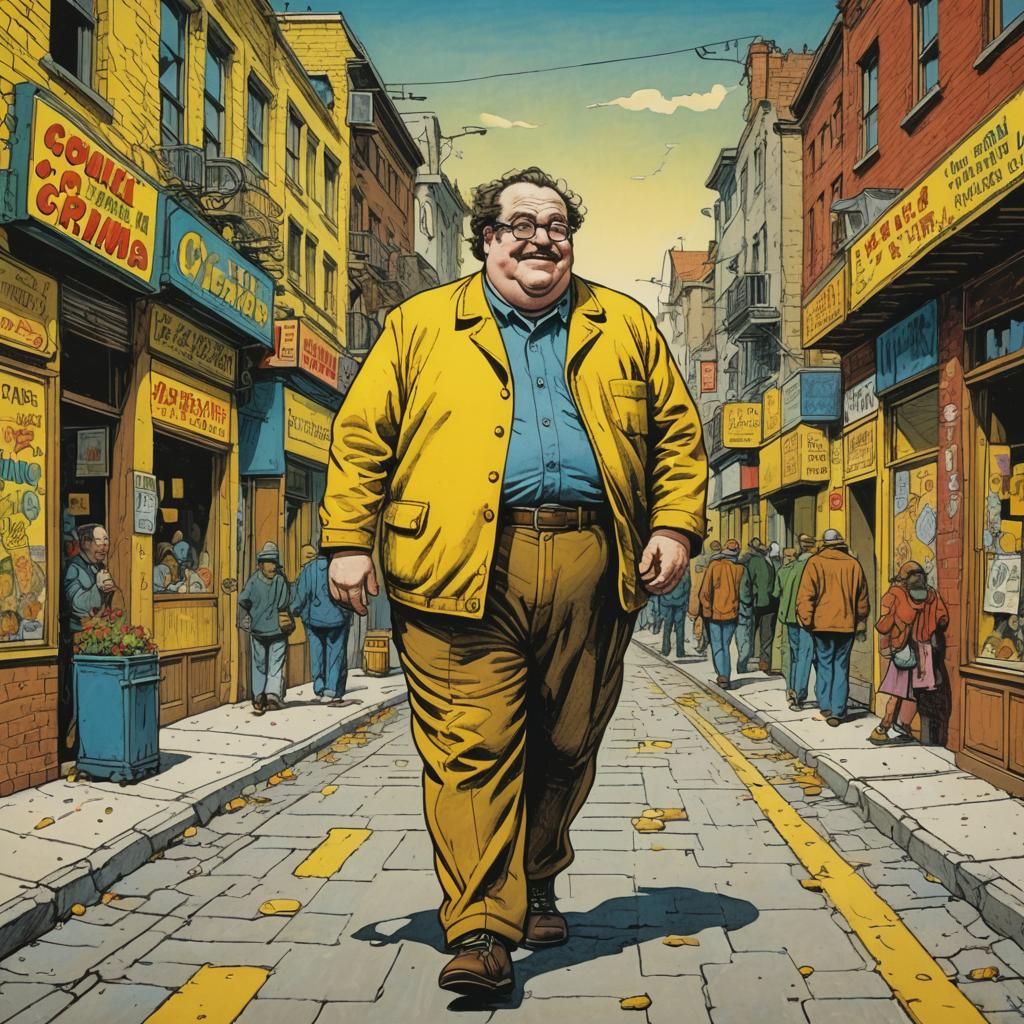 Happy Man Walking in Street with Yellow Colors