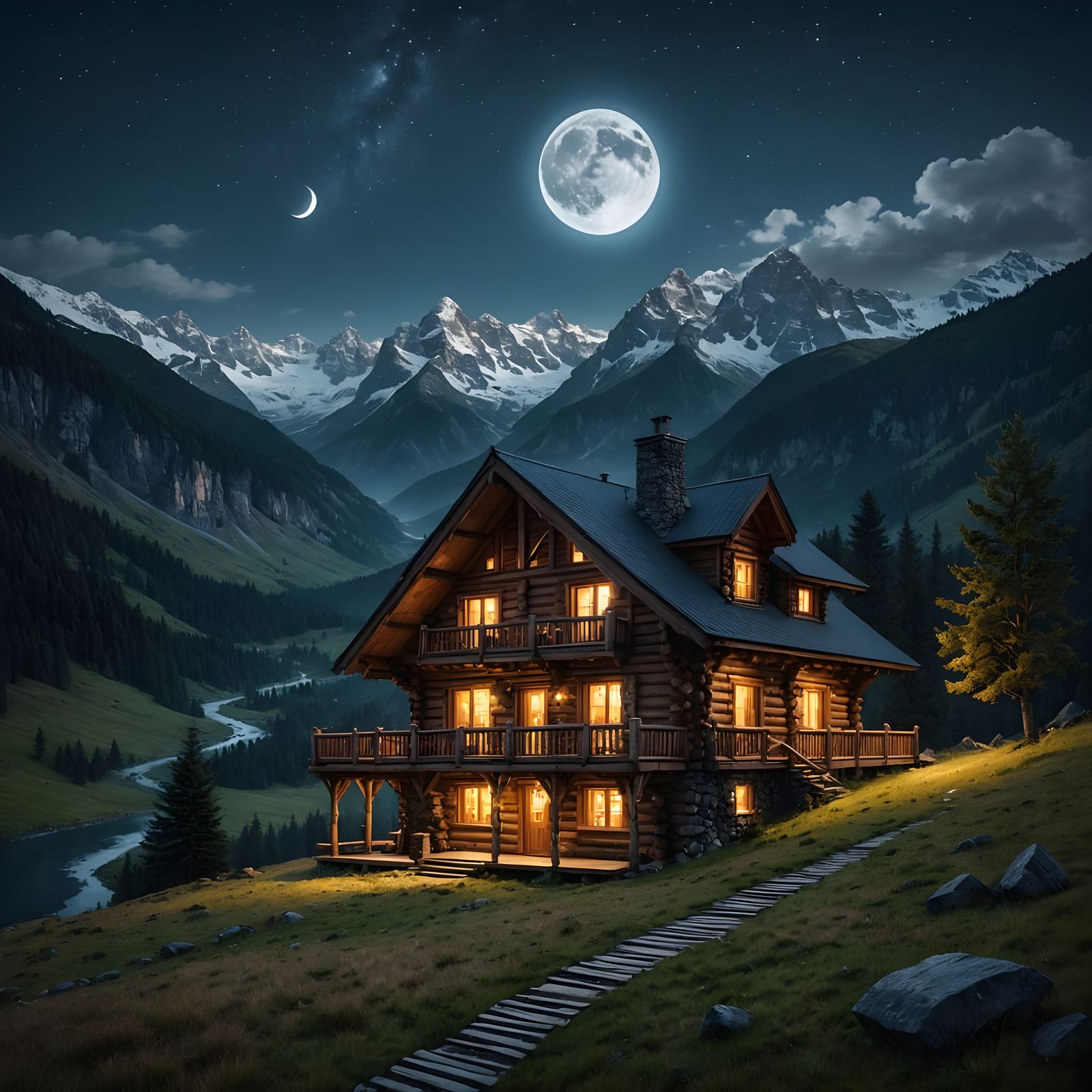 Three-Storey Log Cabin Under Full Moon Sky