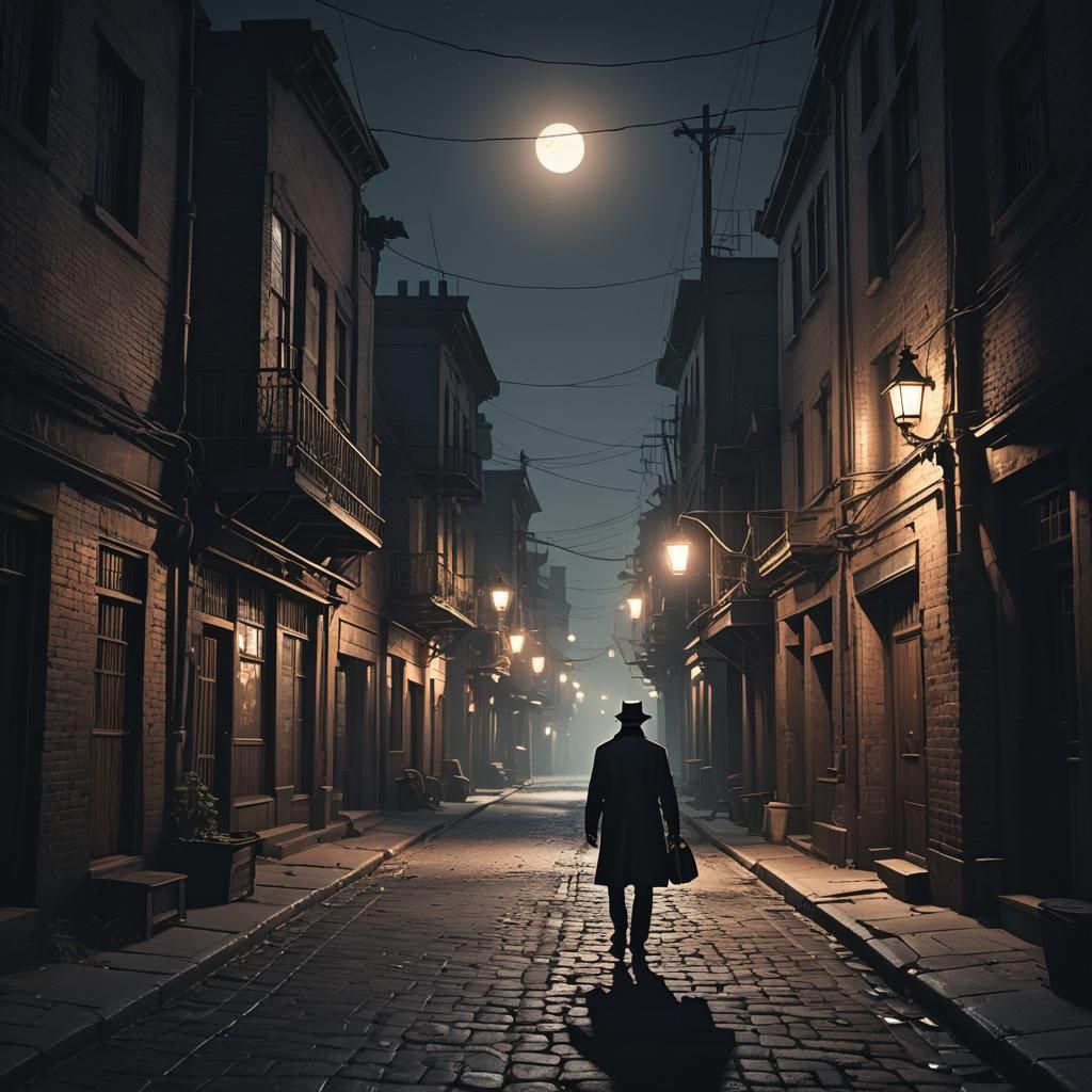 Nocturnal Street Scene in Film Noir Style