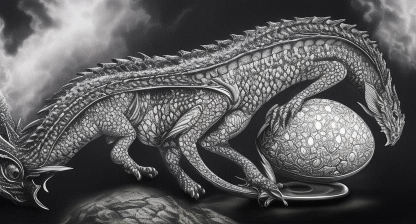 Dragon Hatchling in Egg: Hyperdetailed Charcoal Drawing