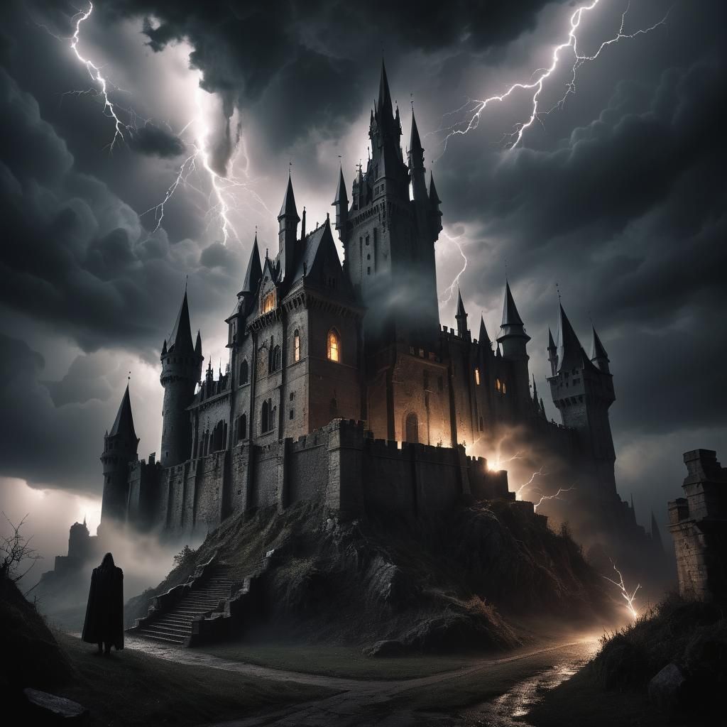Haunted Castle Amidst Lightning Storm in Gothic Horror Style