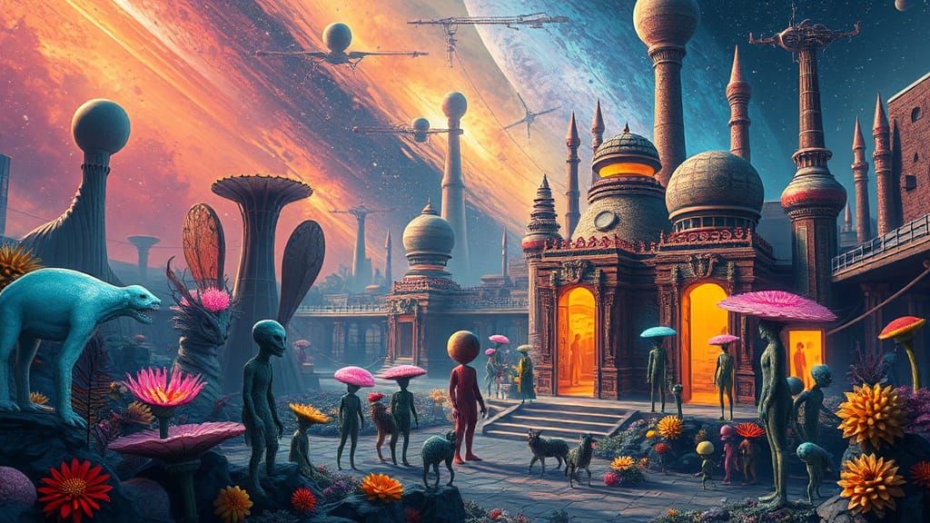 Surreal Alien Gathering in Andromeda System as Matte Paintin...