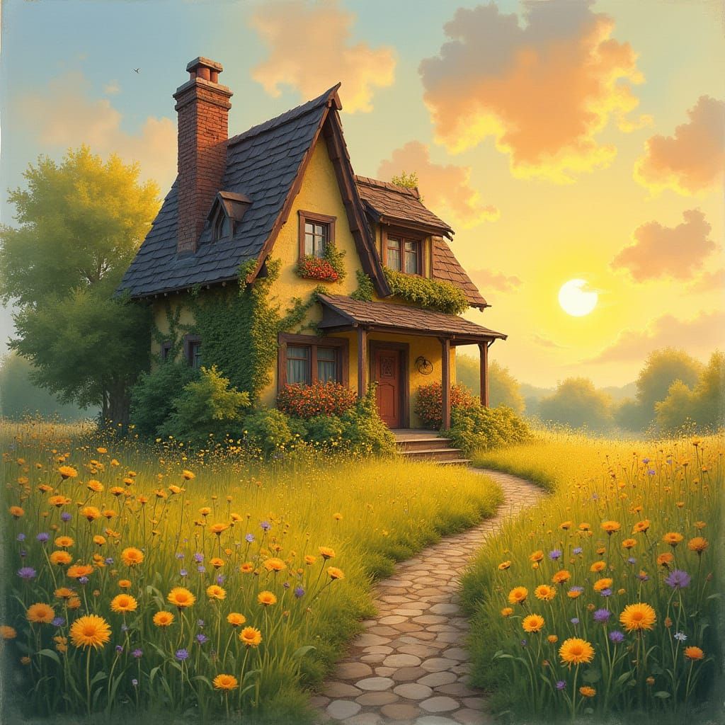 Sunset Cottage in Dreamy Watercolor Style