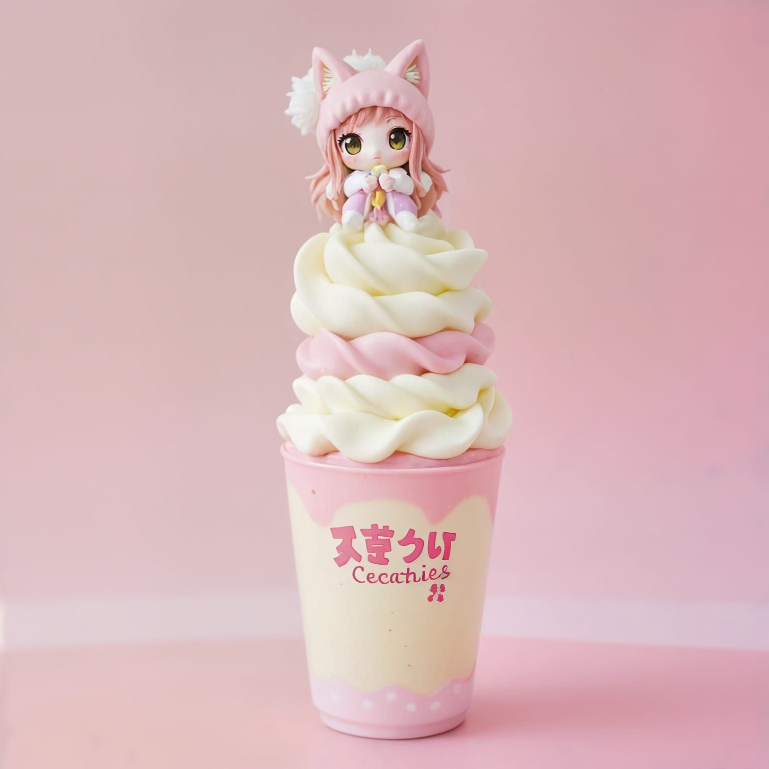 Neko Girl with Pink Drink in Anime Style