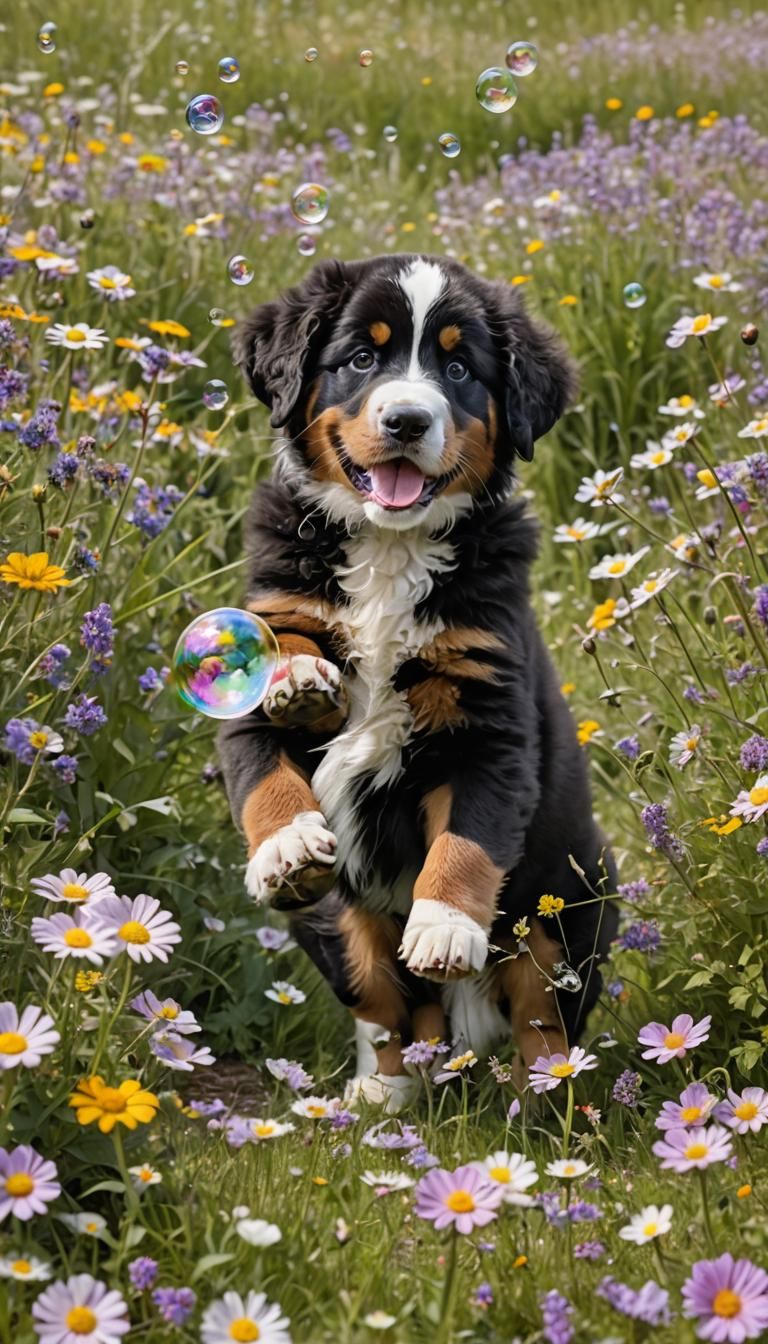 Bernese Mountain Dog Puppy in Wildflower Field