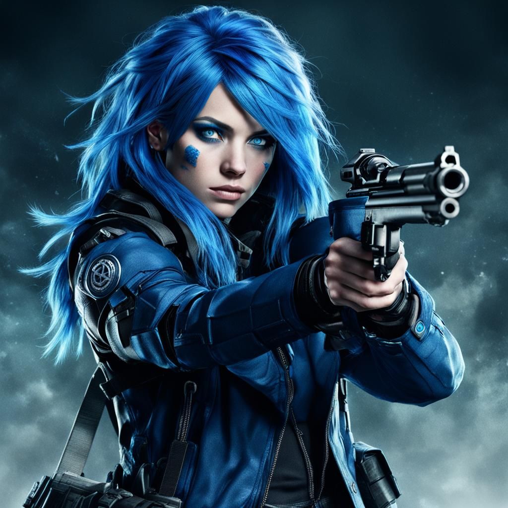 Lethal Sniper with Blue Hair: Digital Portrait