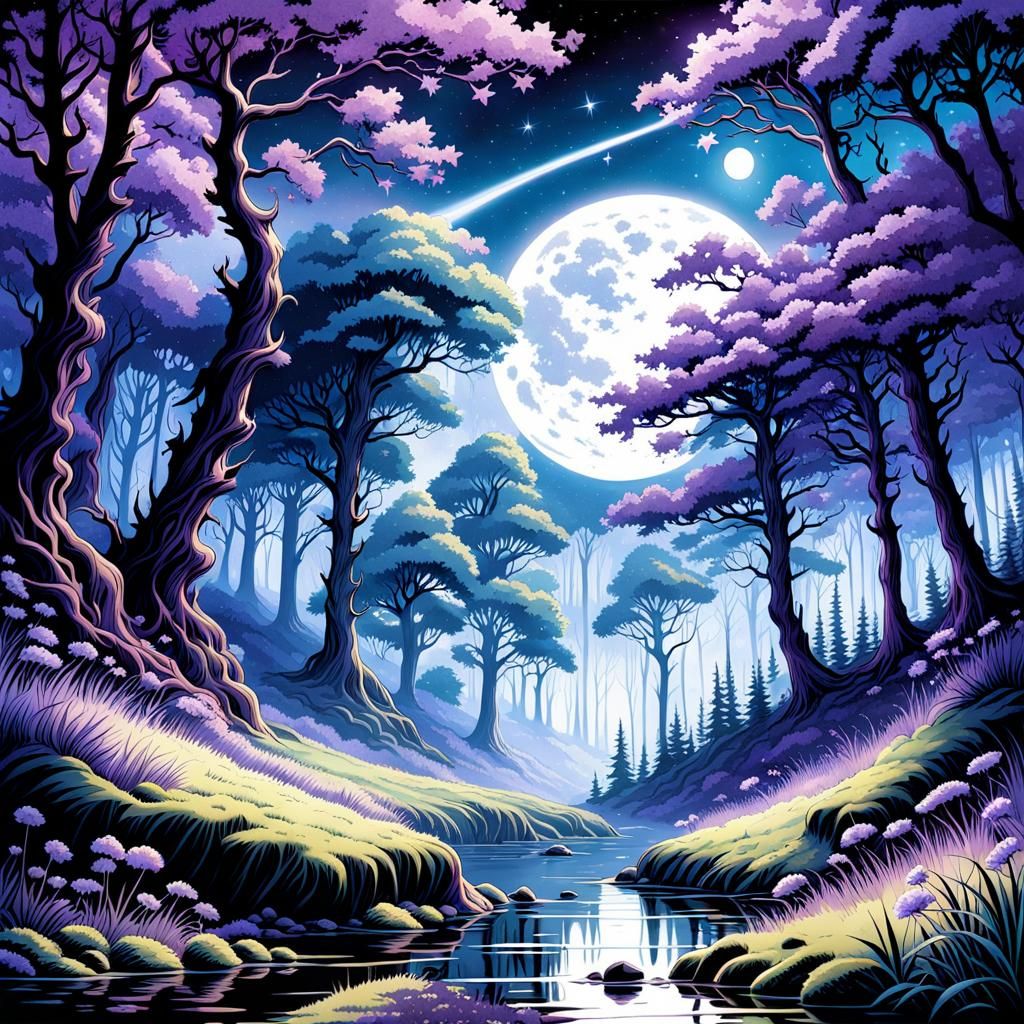 Purple Flowers in Gothic Forest, Watercolor Style