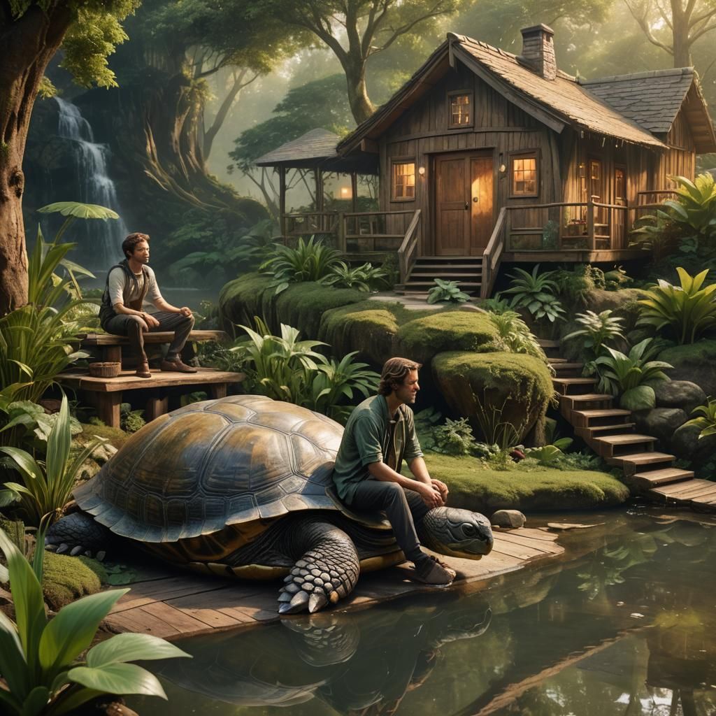 Man Camping on Giant Turtle Shell Ecosystem