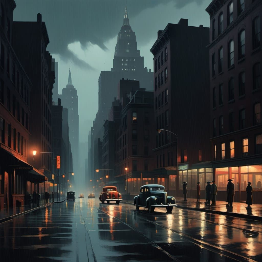Rainy 1940s NYC Cityscape in Film Noir Style