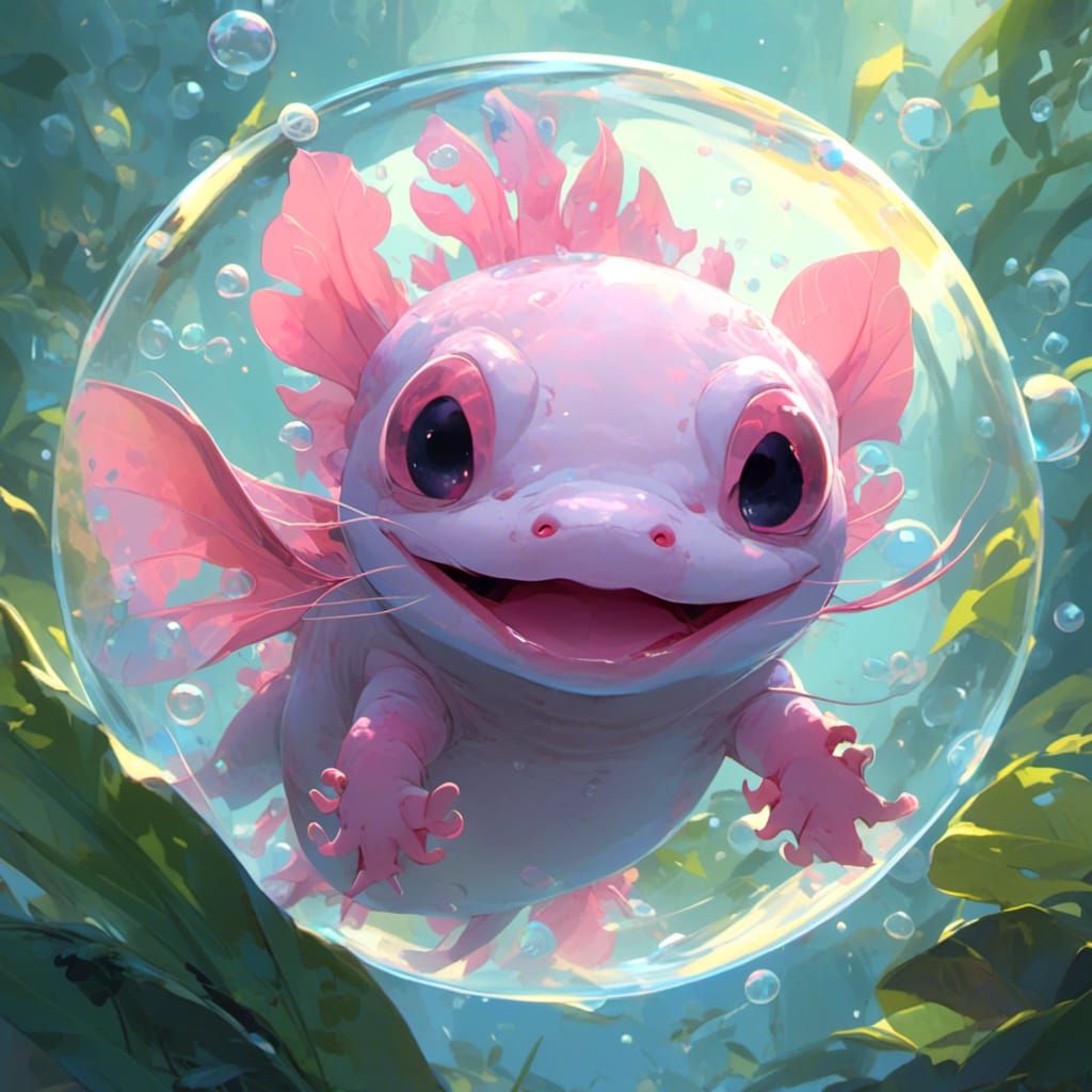 Adorable Axolotl in Bubble, Anime Vector Art