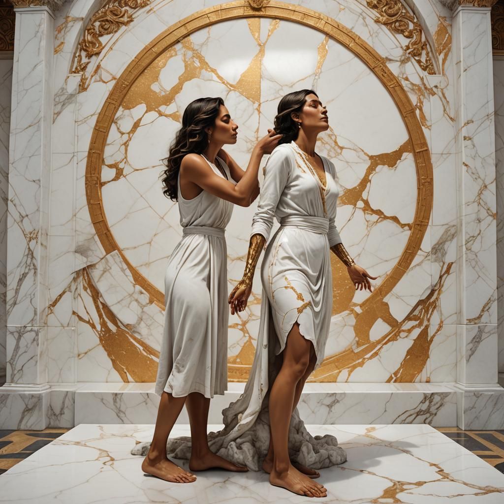 Woman Embraces Marble Statue in Art Deco Style