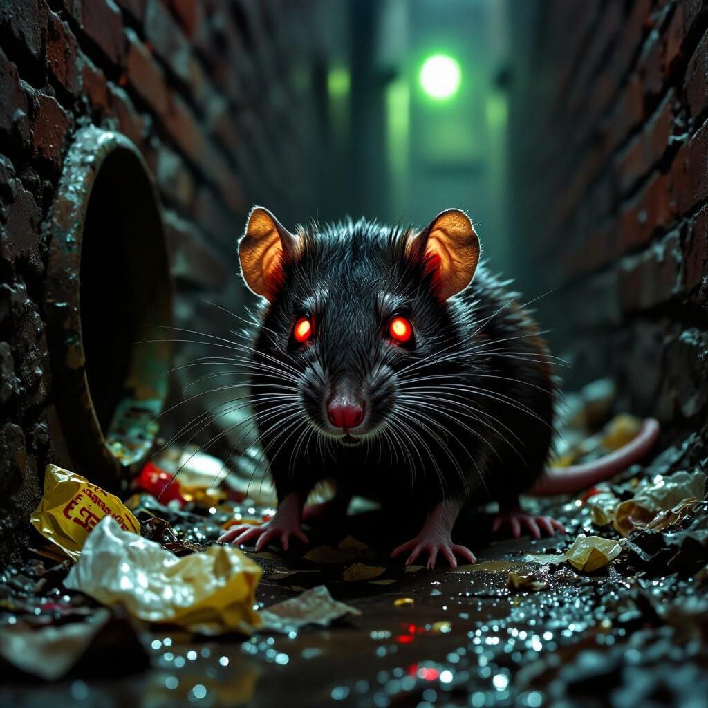 Cunning Sewer Rat with Glowing Red Eyes