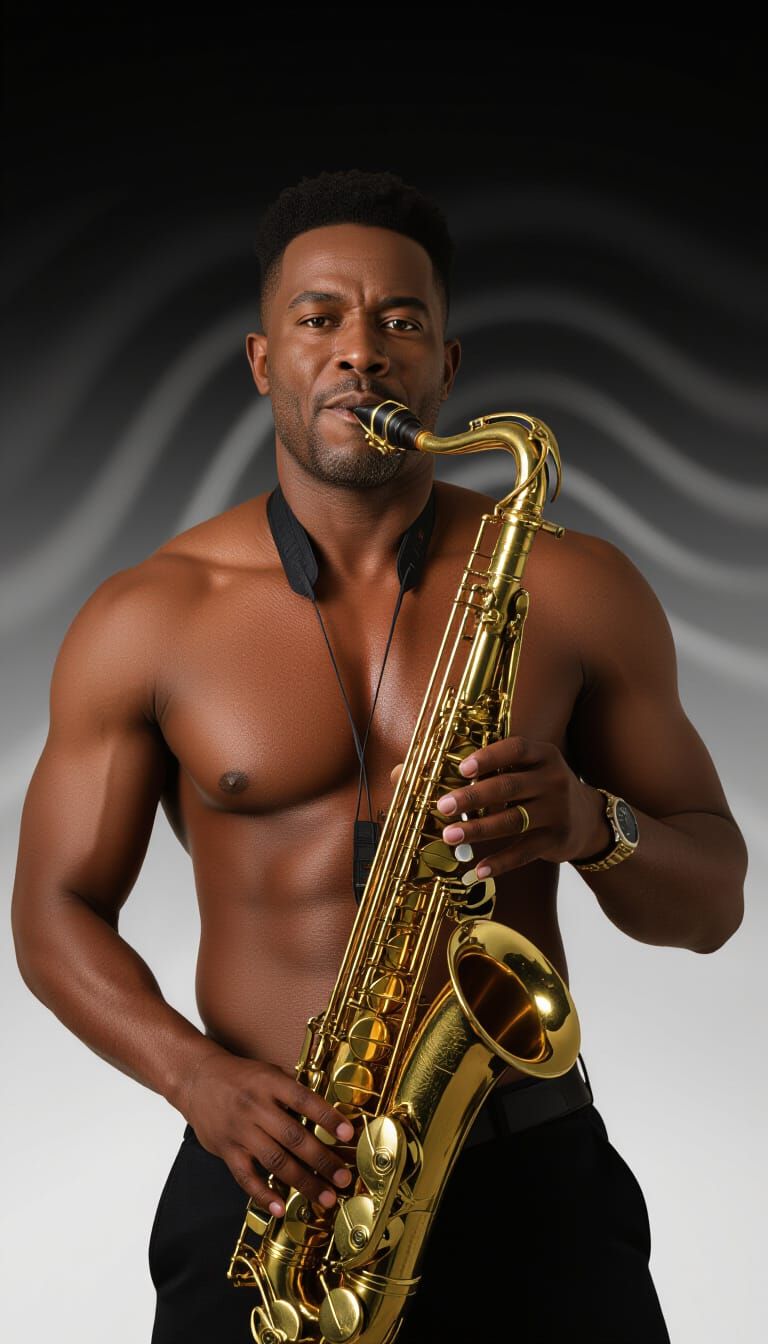 Sculptural Black Man with Saxophone in Shadow and Light