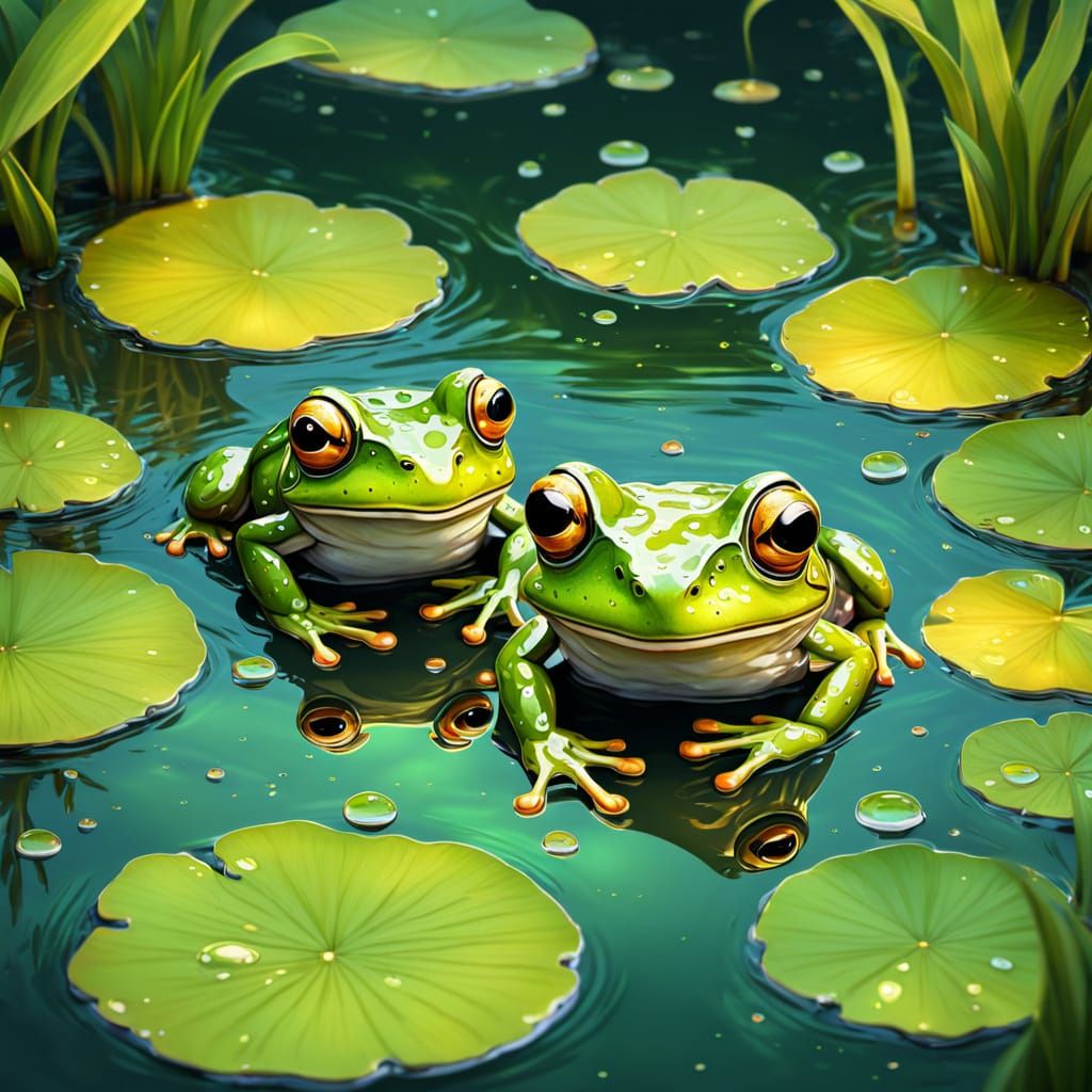 Whimsical Frogs in a Pond: Vibrant Digital Art