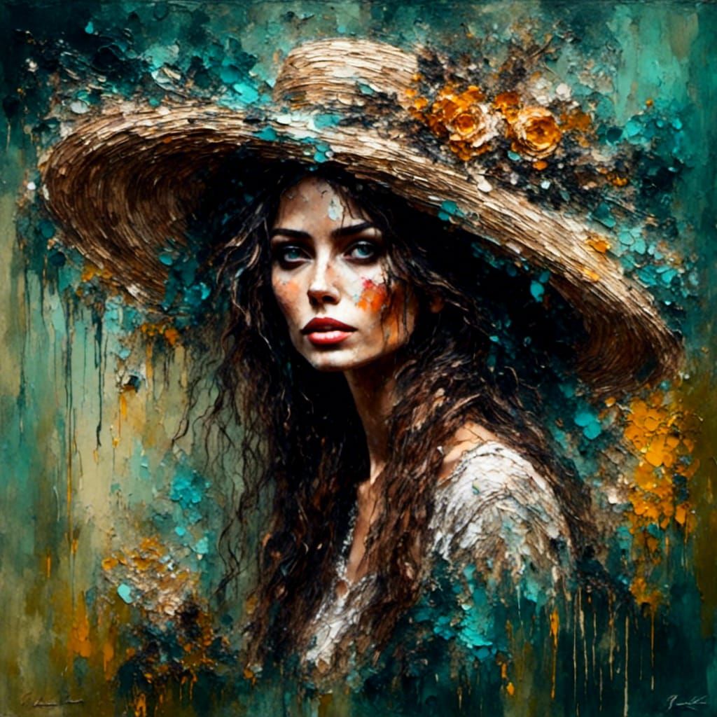 Elegant Woman in Straw Hat: Impasto Oil Portrait